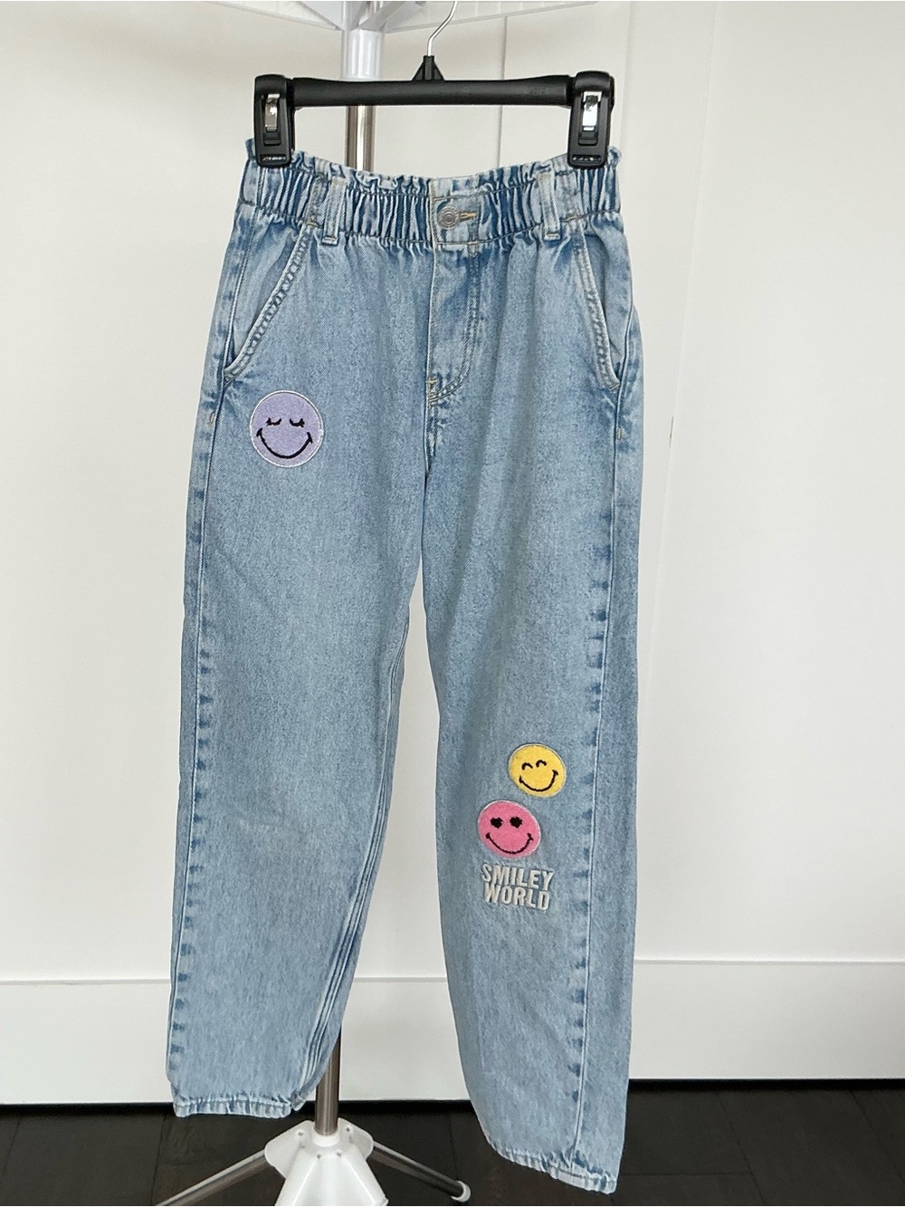 H&M Light Blue Denim Joggers with Colorful Smiley Patches